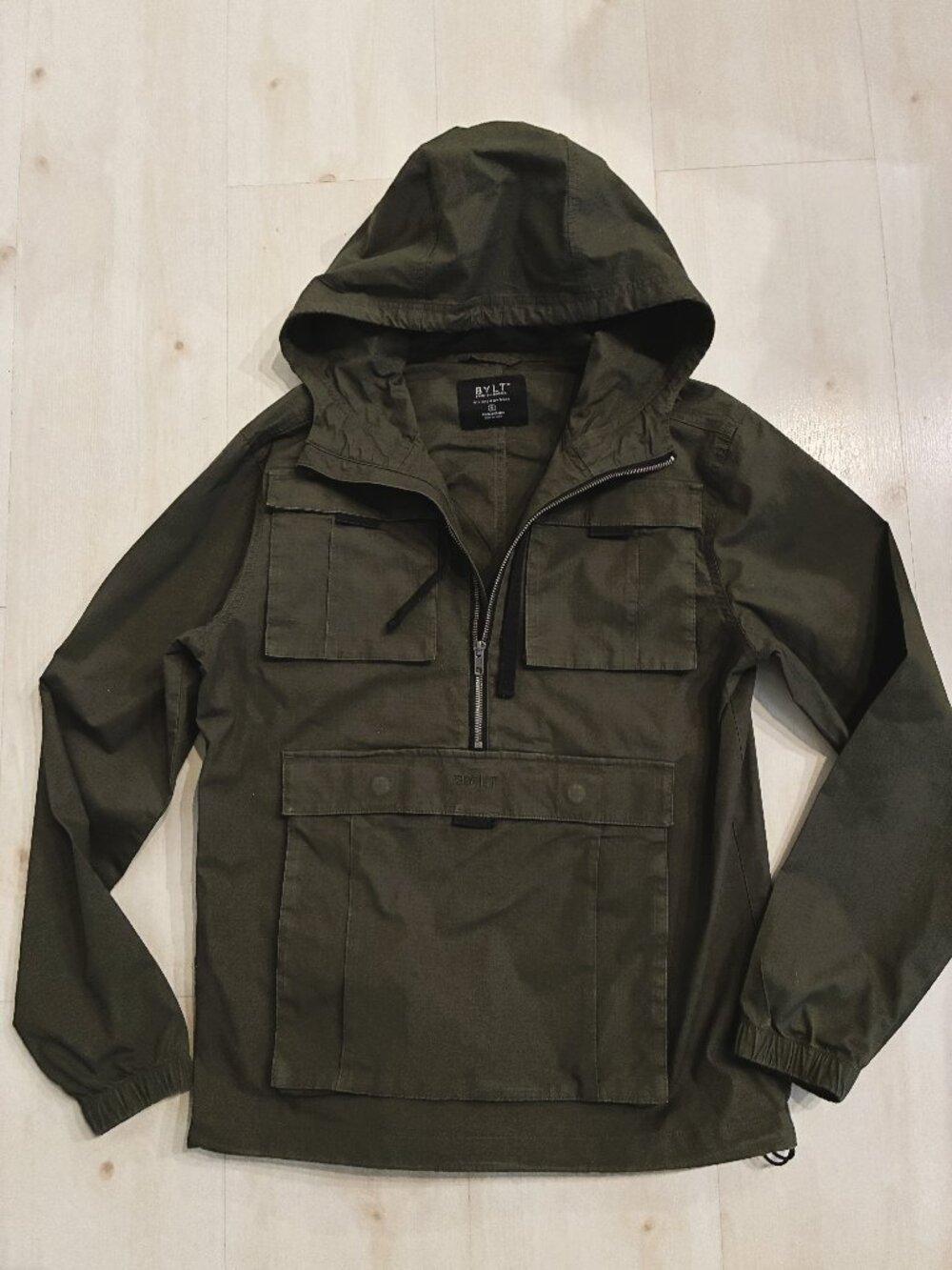 BYLT Basics Division Anorak Pullover Jacket Olive Green Hooded Utility Men’s S